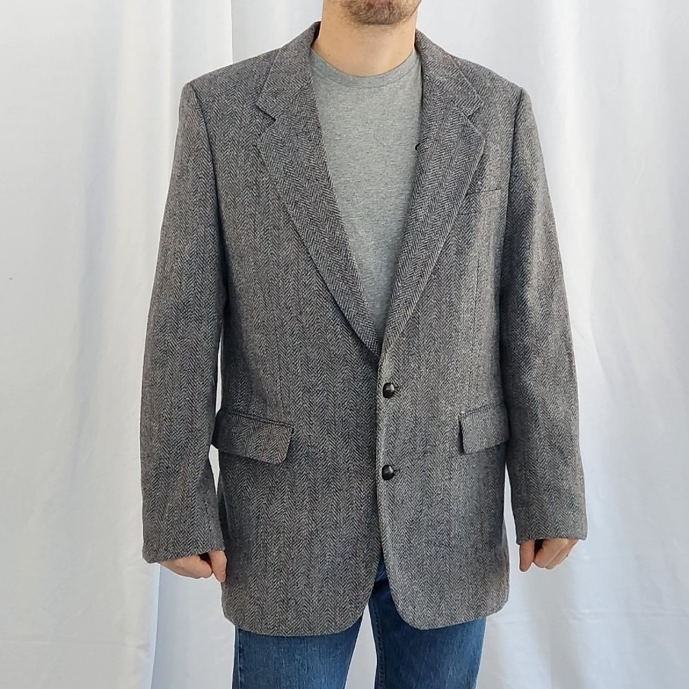 90s Gray Wool Blend Herringbone Blazer